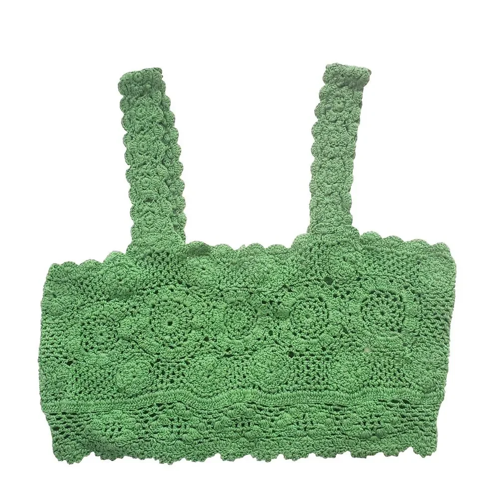 Free People Women's Crochet Top Medium Green Open Knit Cropped Cotton Unlined